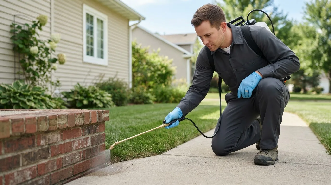 Pest control technician treating a home near Dearing, GA